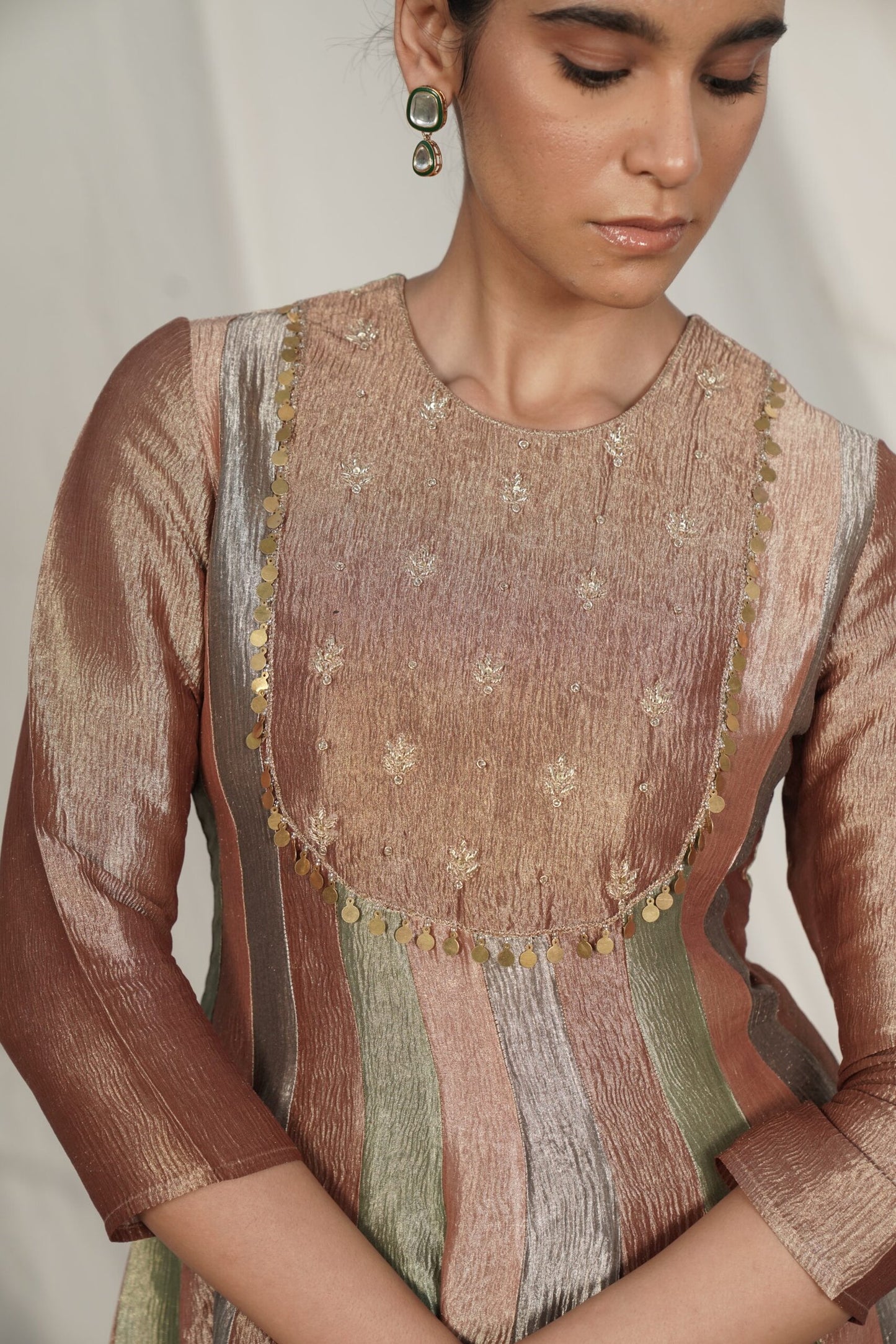 Mumtaz Sage Green & Blush Peach Panelled Kurta Set
