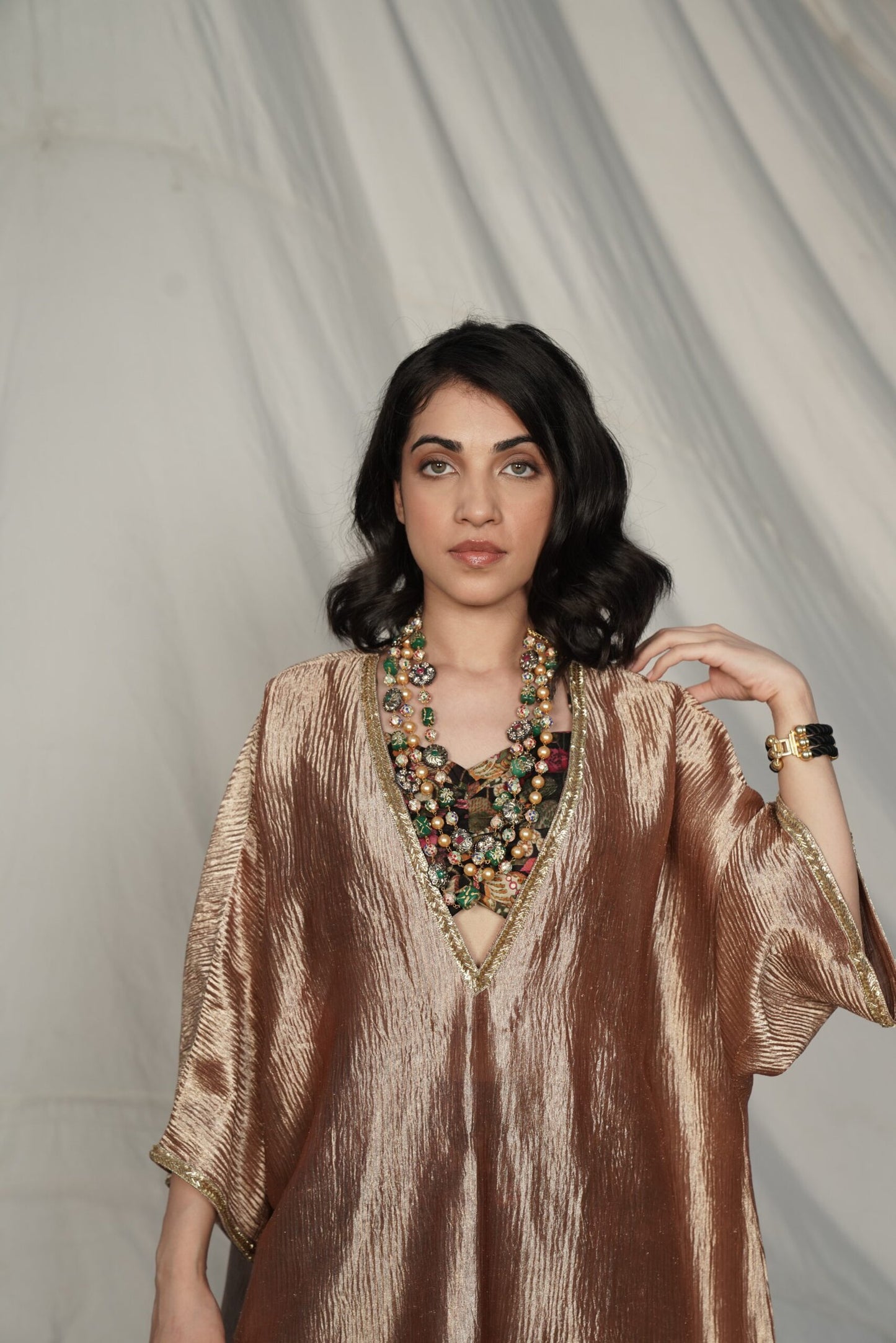 Parveen Bronze Kaftan Set with Printed bralette