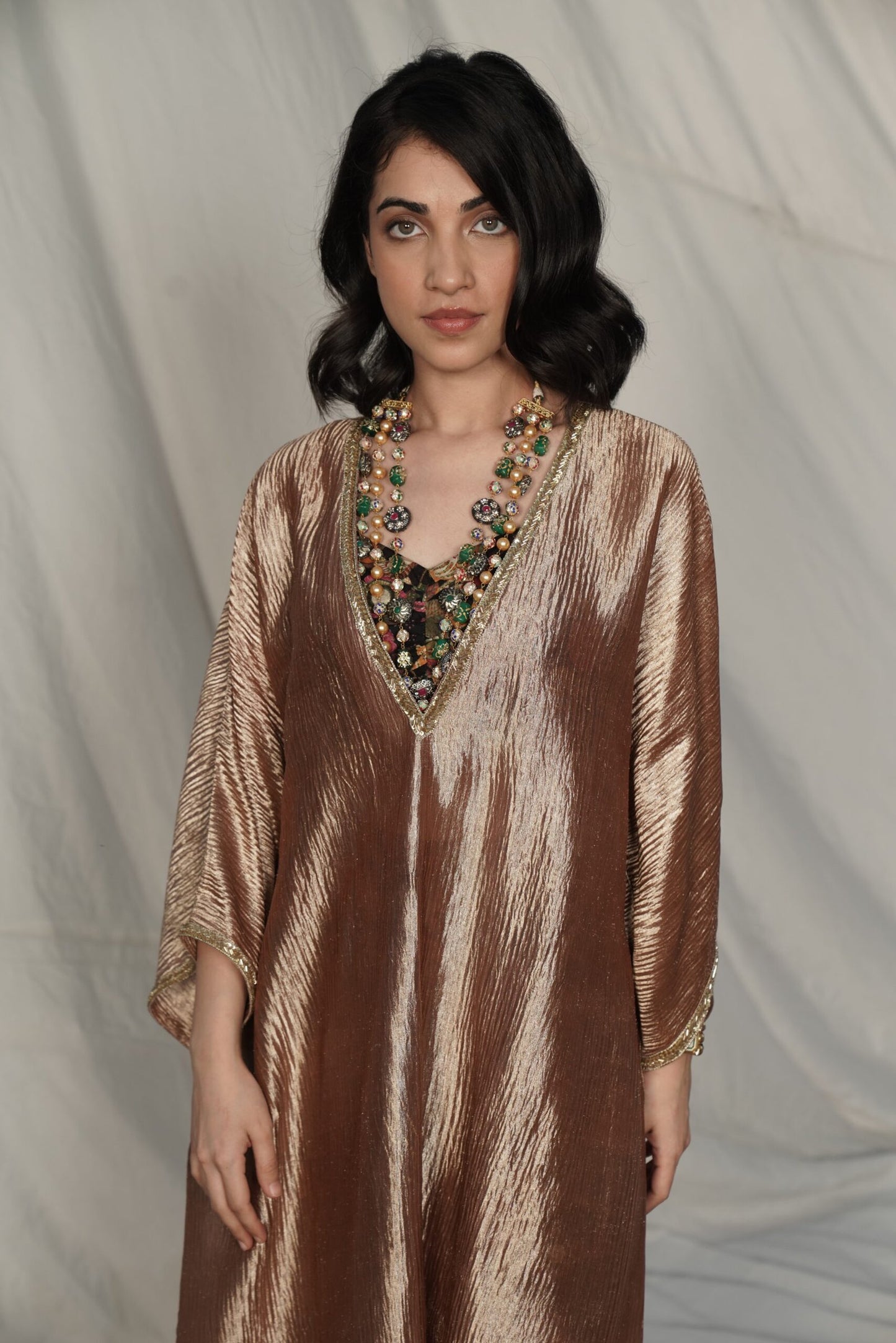 Parveen Bronze Kaftan Set with Printed bralette