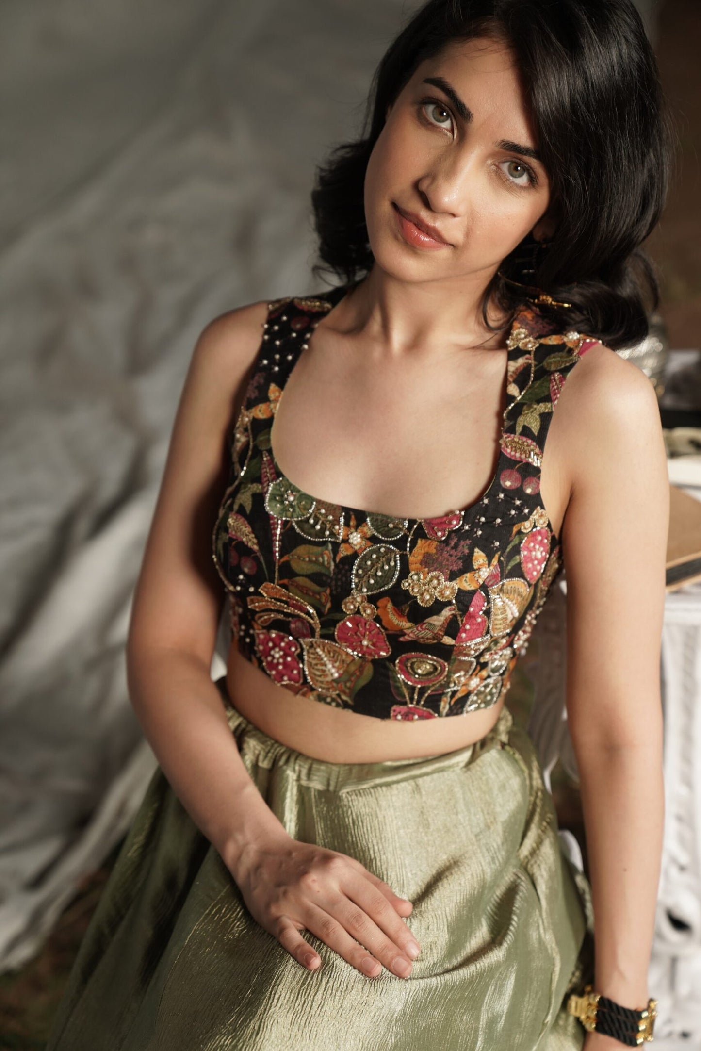 Rani Olive Green Benarasi Tissue Lehenga Set