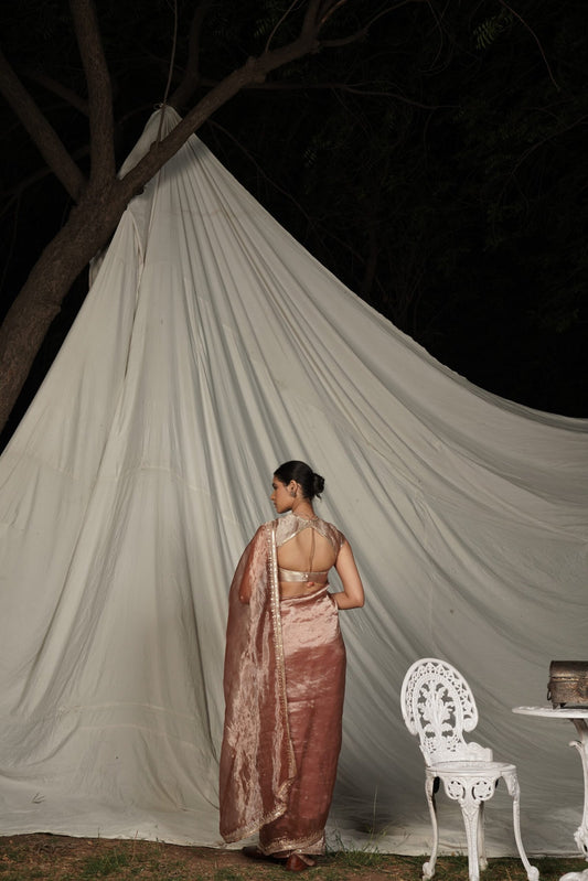 Madhubala Champagne Blush Embroidered Saree with Blouse