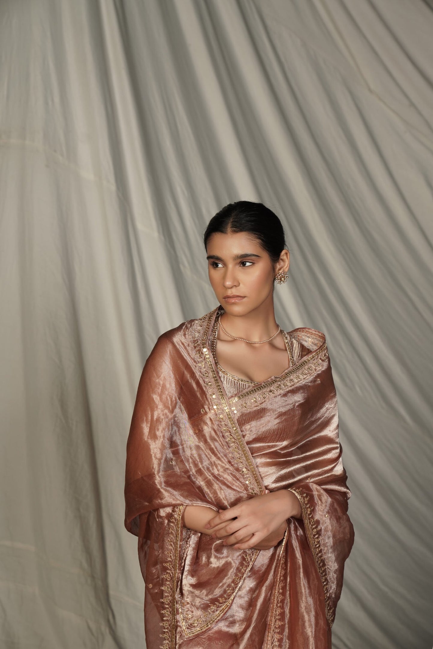 Madhubala Champagne Blush Embroidered Saree with Blouse