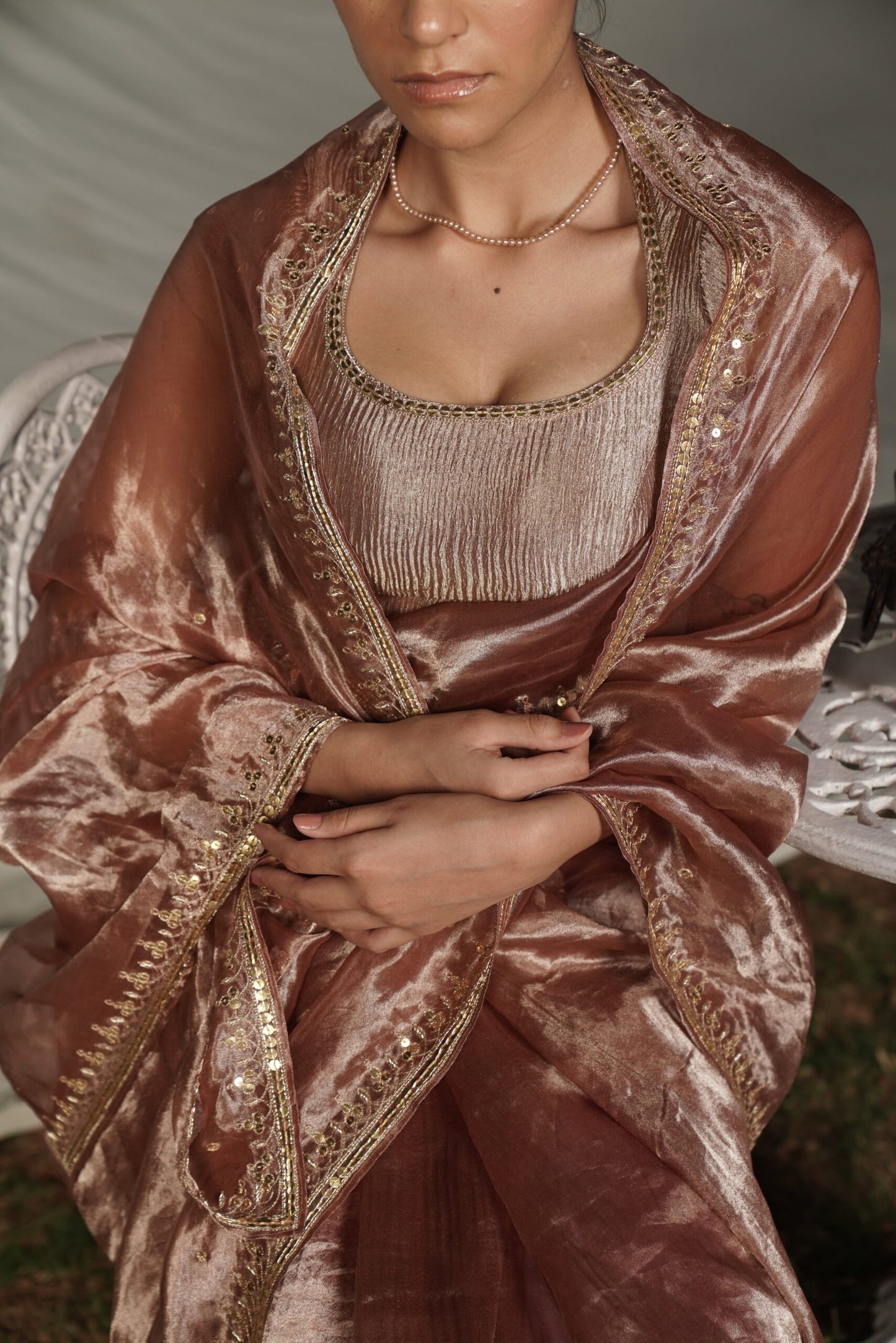 Madhubala Champagne Blush Embroidered Saree with Blouse