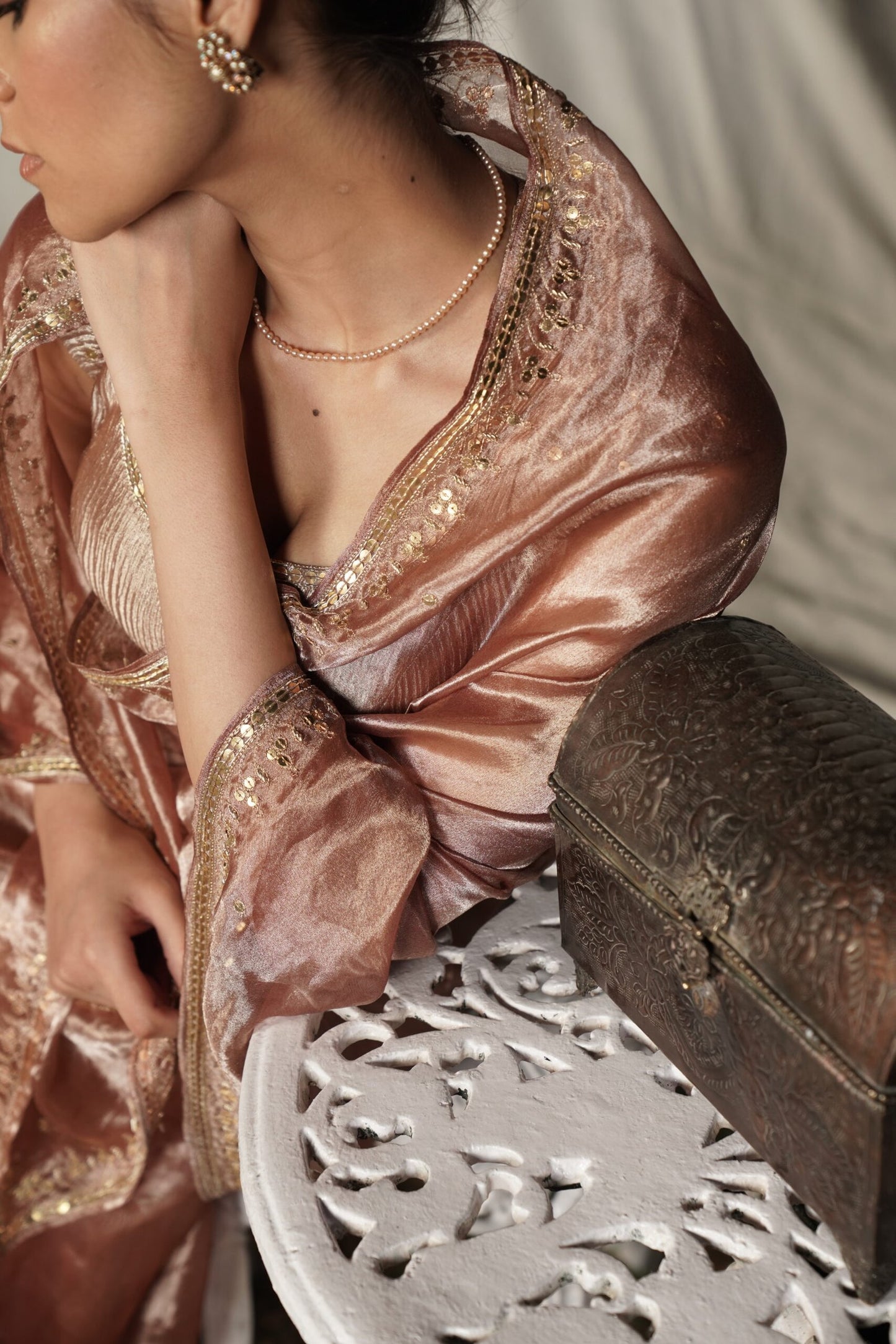 Madhubala Champagne Blush Embroidered Saree with Blouse