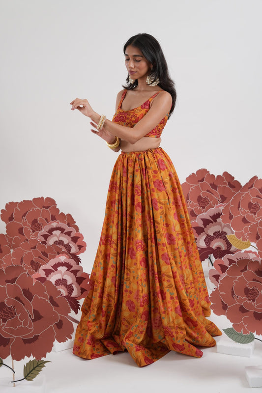 Genda Saffron Printed Lehenga Set