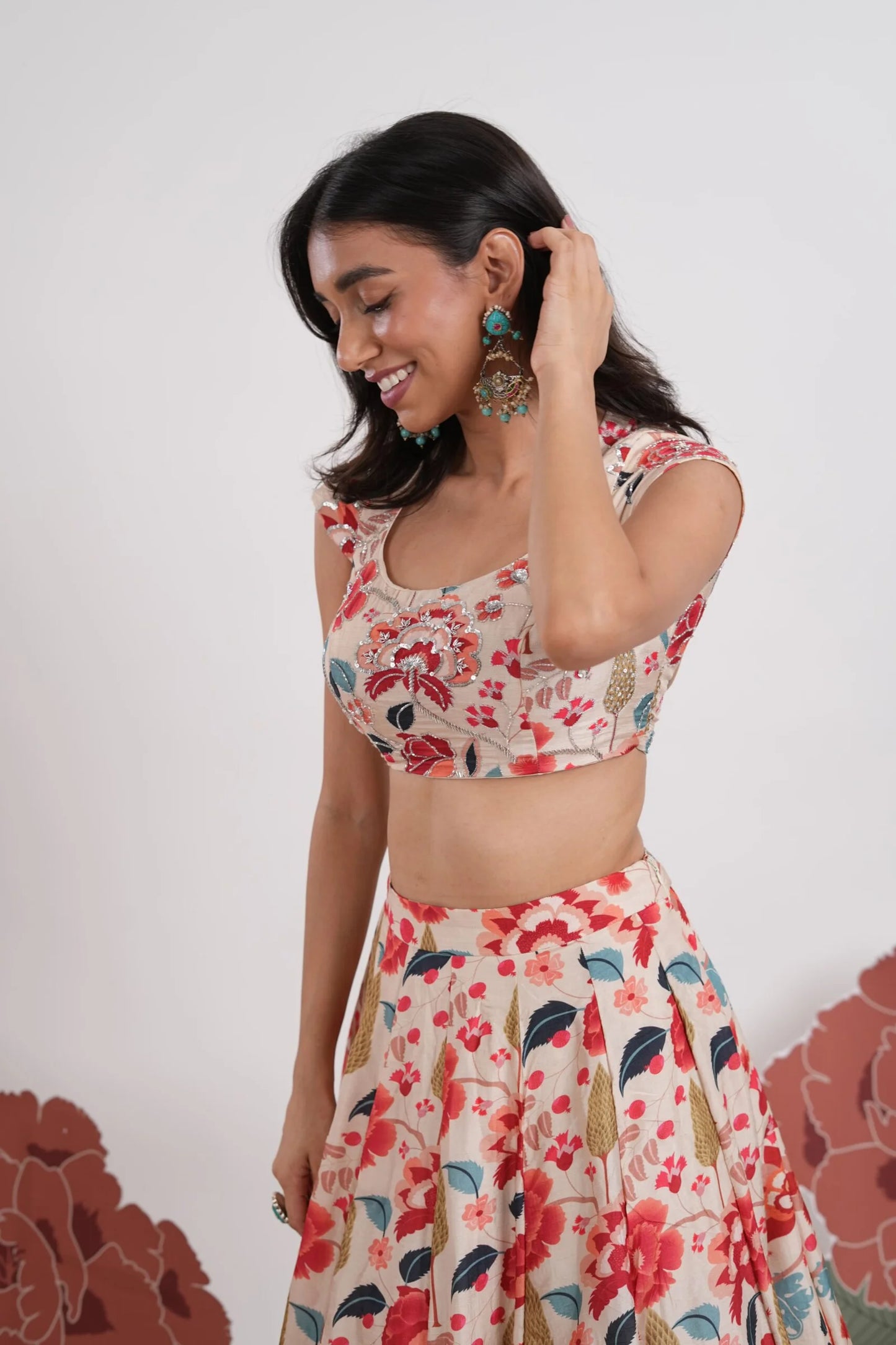 Champa Beige Floral Printed Lehenga Set with Embroidered Blouse