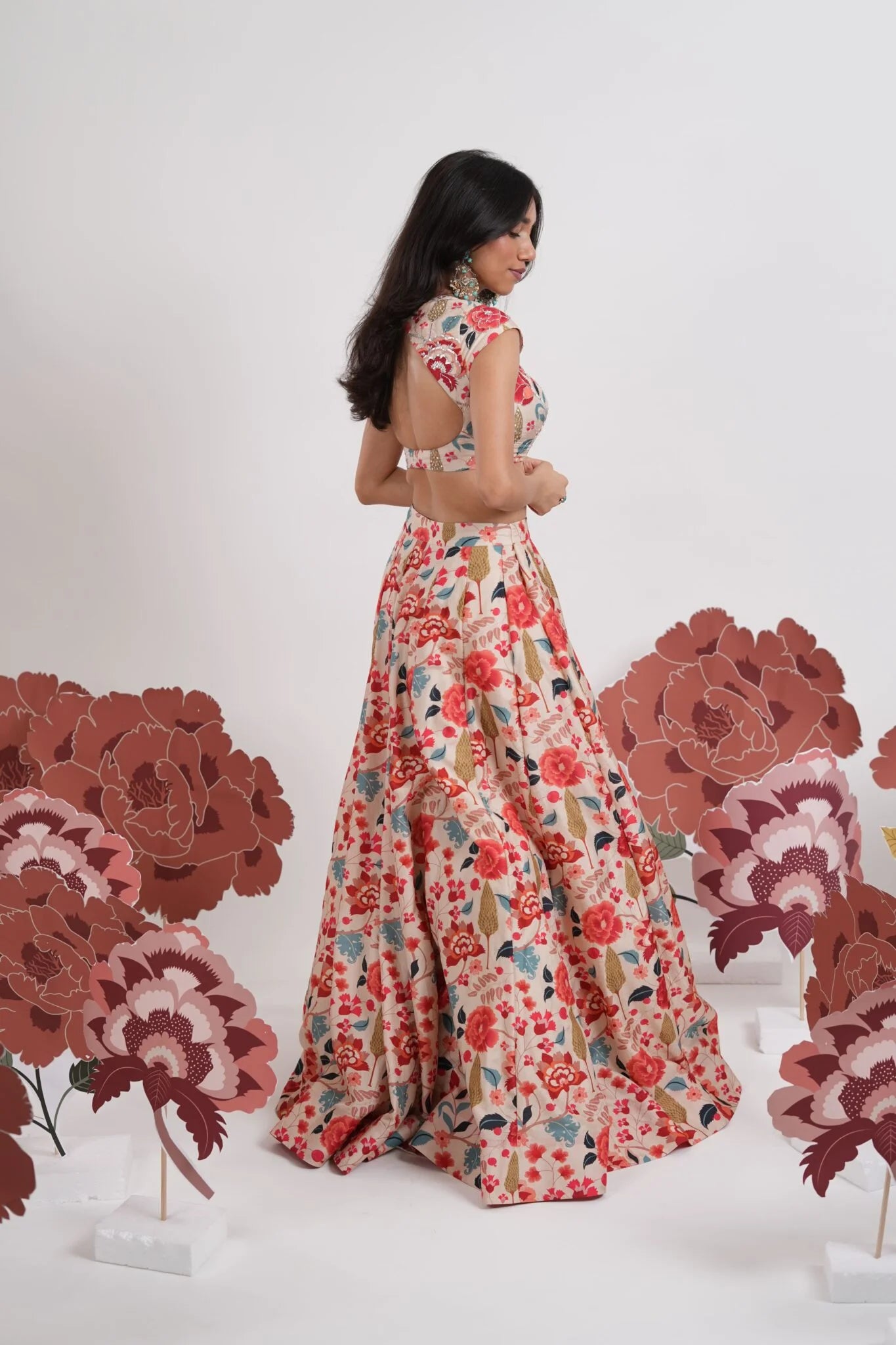 Champa Beige Floral Printed Lehenga Set with Embroidered Blouse