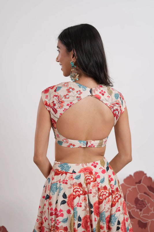 Champa Beige Floral Printed Lehenga Set with Embroidered Blouse