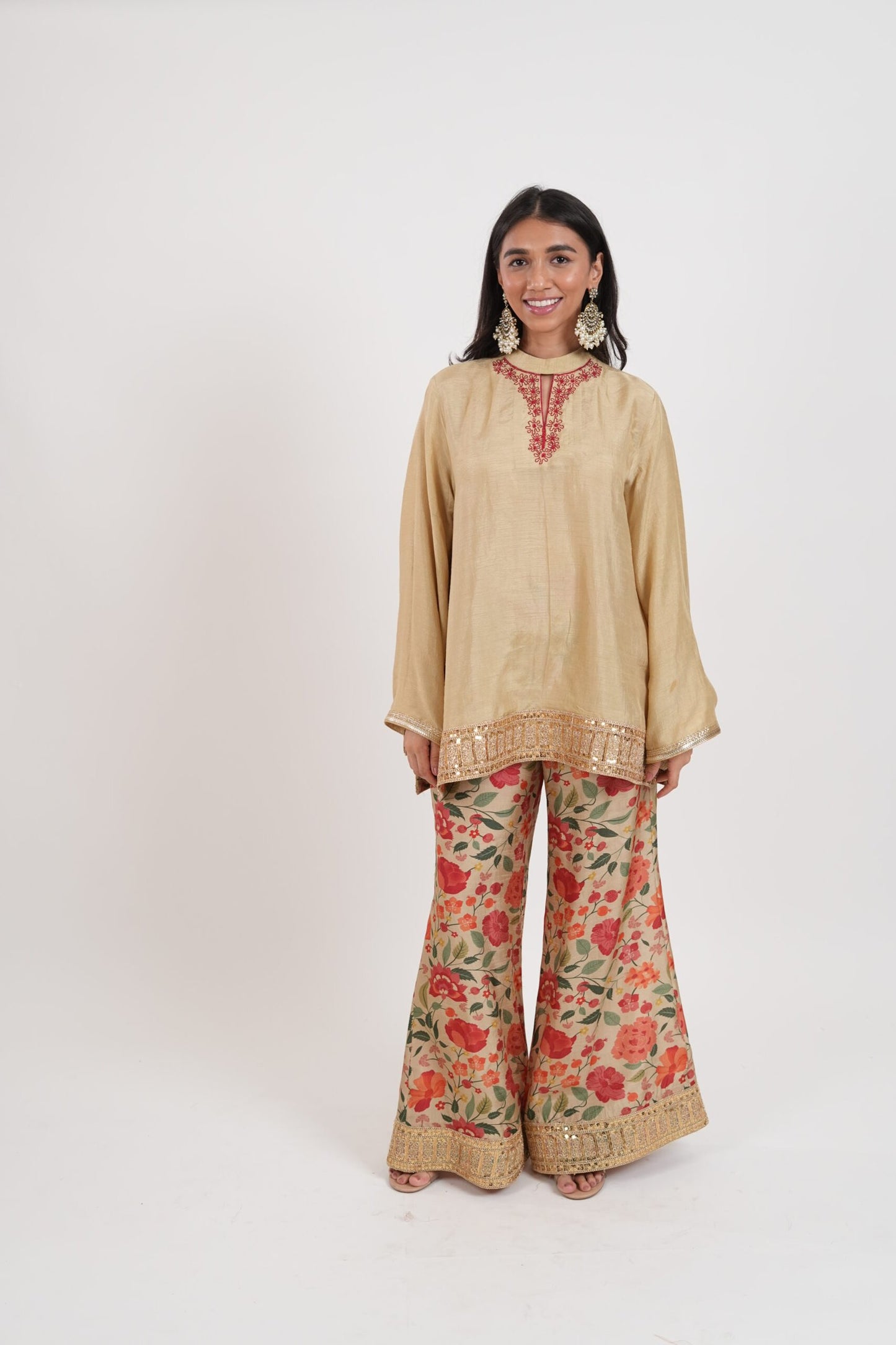 Sheesham Beige Gold Embroidered Kurta Set