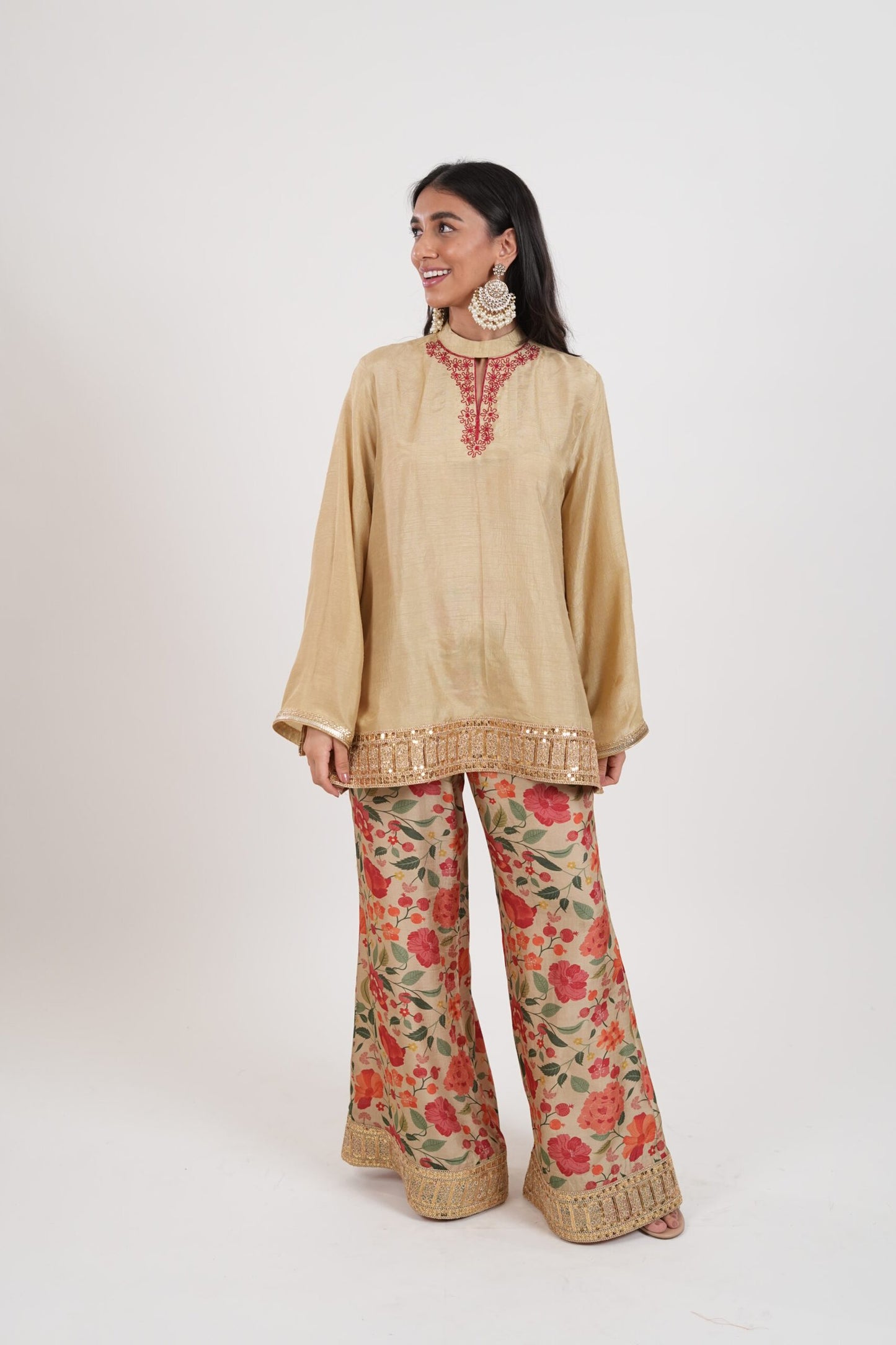 Sheesham Beige Gold Embroidered Kurta Set