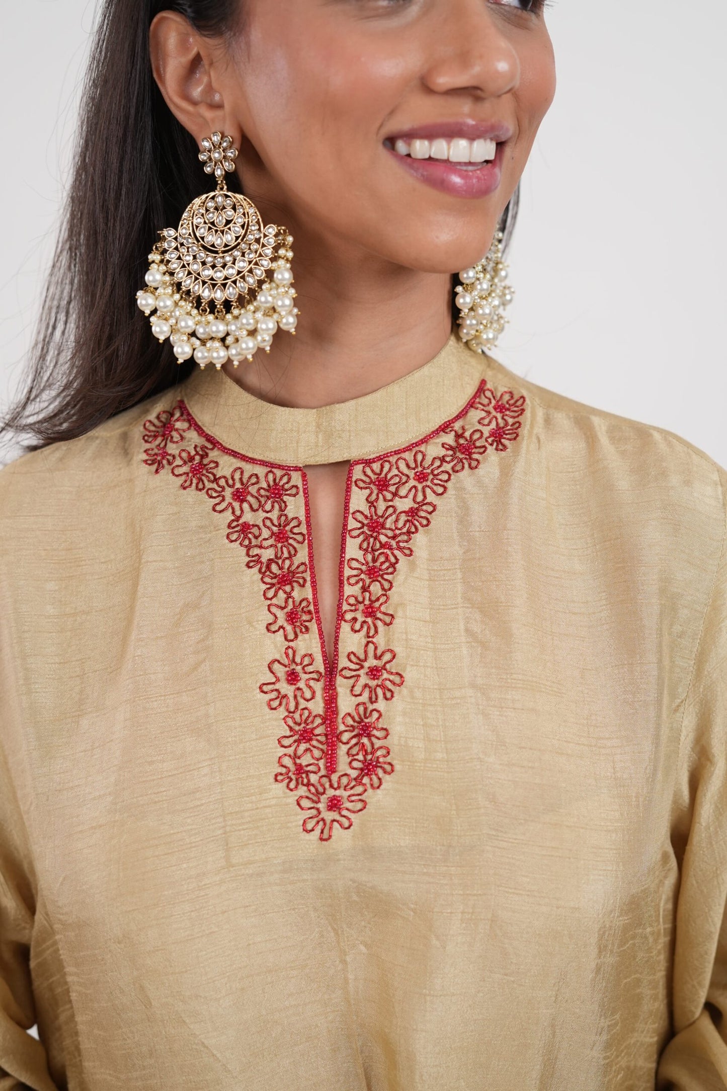 Sheesham Beige Gold Embroidered Kurta Set
