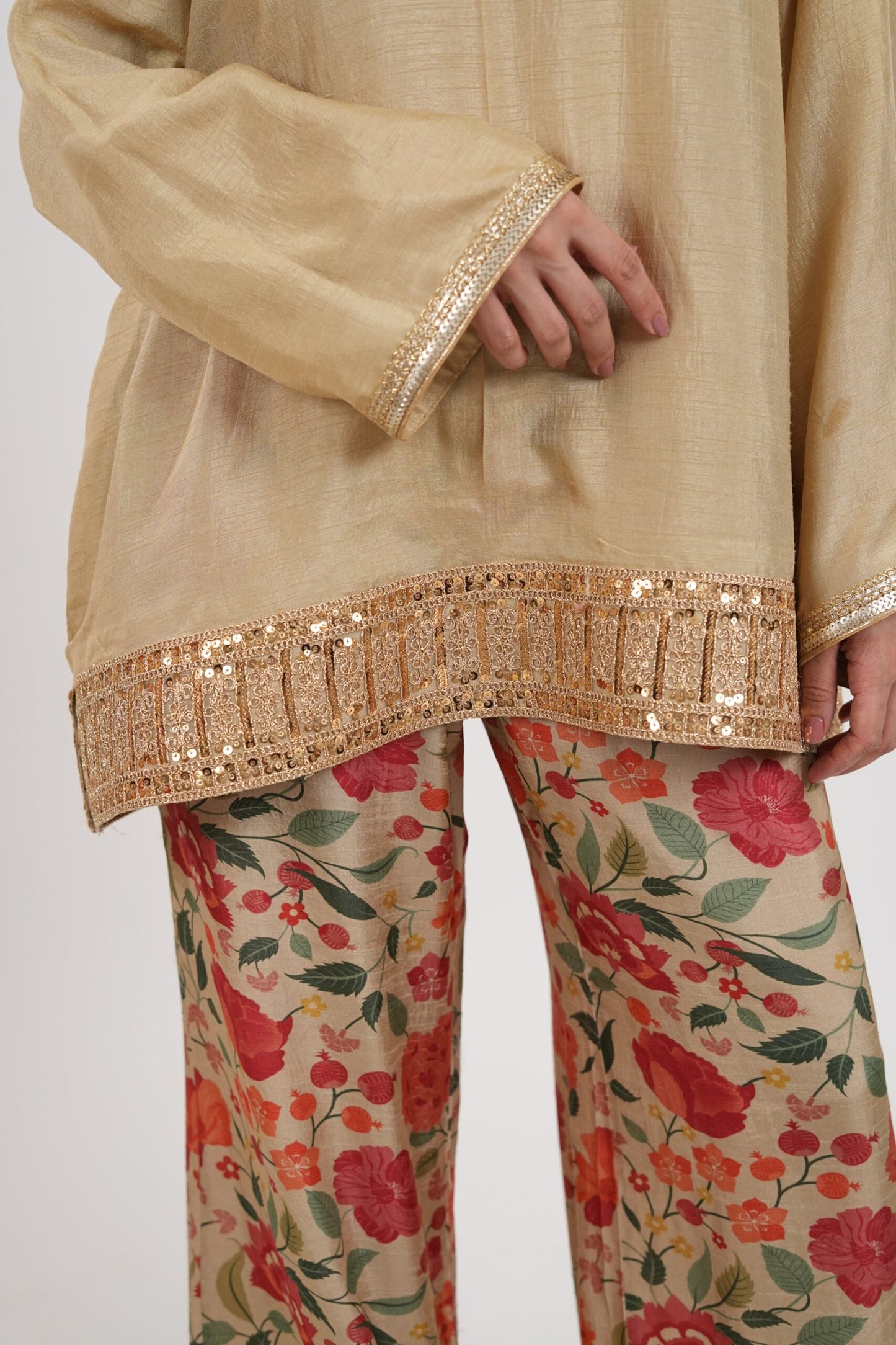 Sheesham Beige Gold Embroidered Kurta Set