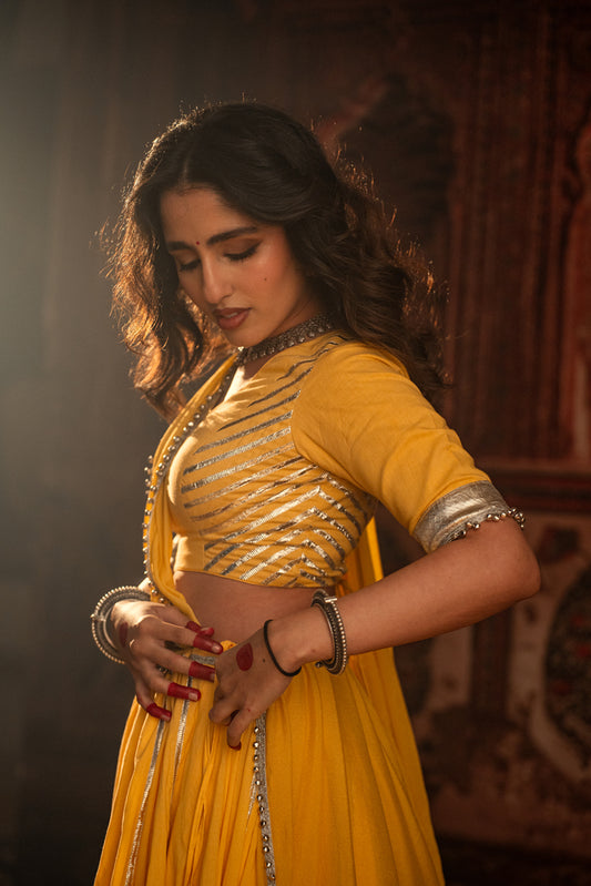 Saraswati Marigold Yellow Double layer Lehenga Set