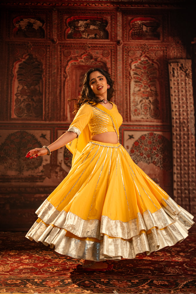 Saraswati Marigold Yellow Double layer Lehenga Set