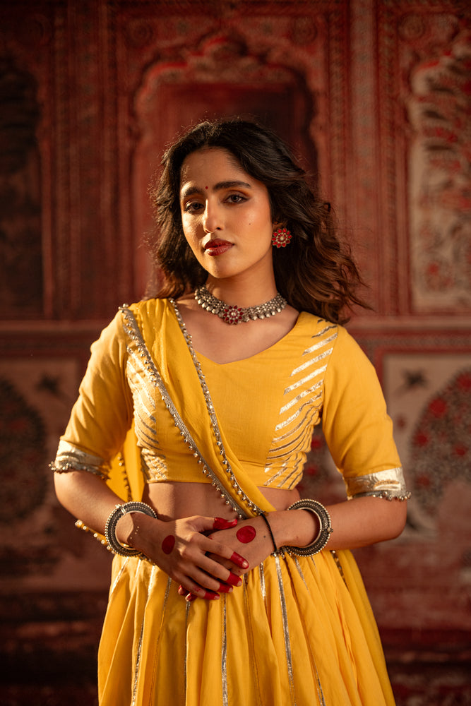 Saraswati Marigold Yellow Double layer Lehenga Set