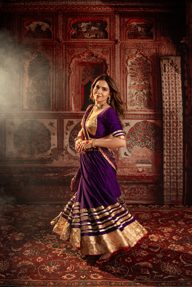 Siddhi Deep Purple Real Lampa Gold Lehenga Set