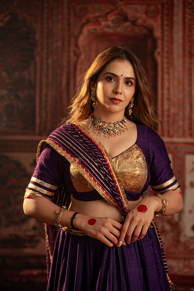 Siddhi Deep Purple Real Lampa Gold Lehenga Set