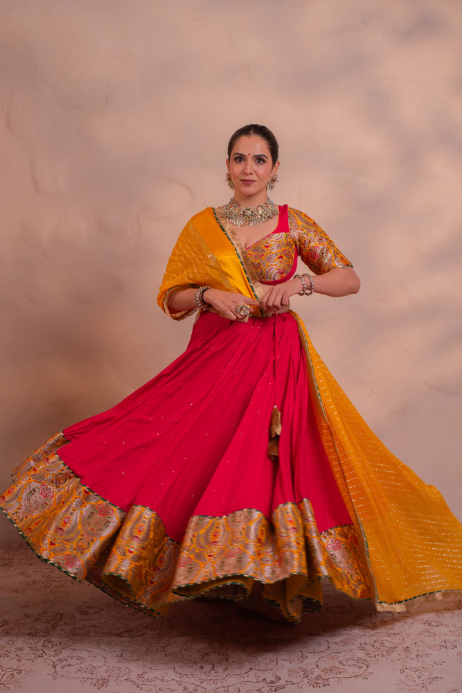 Tarini Carrot Pink Khinkhwab Contrast Lehenga Set