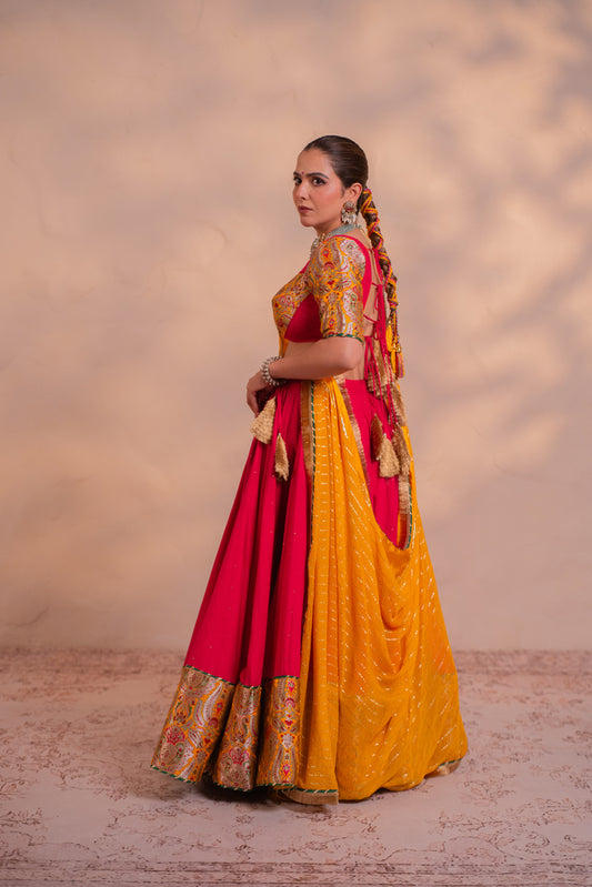 Tarini Carrot Pink Khinkhwab Contrast Lehenga Set