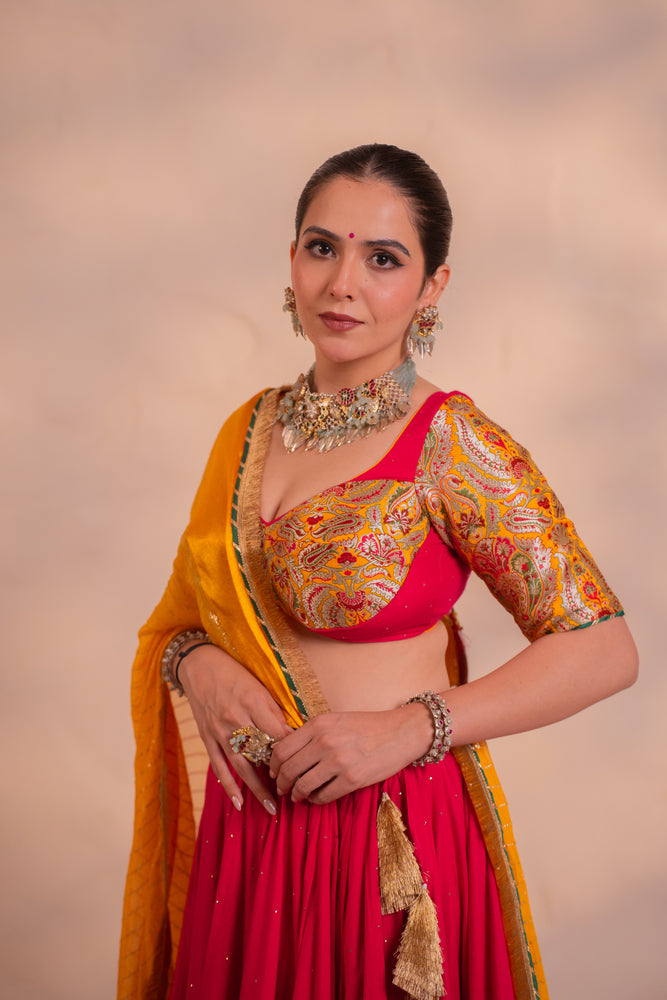 Tarini Carrot Pink Khinkhwab Contrast Lehenga Set