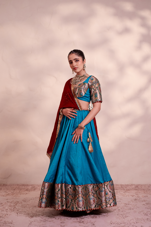 Parvati Teal Blue Khinkhwab Contrast Lehenga Set