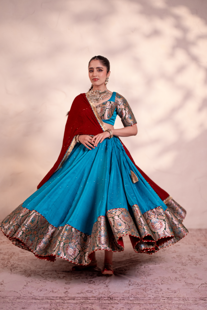 Parvati Teal Blue Khinkhwab Contrast Lehenga Set