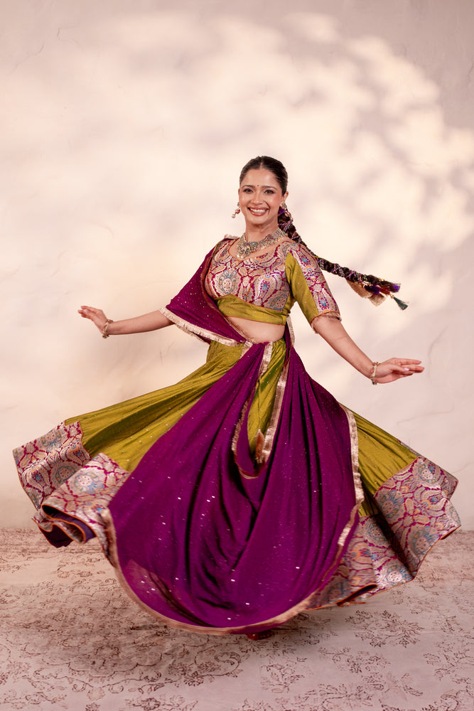 Uma Mehendi Green Khinkhwab Contrast Lehenga Set