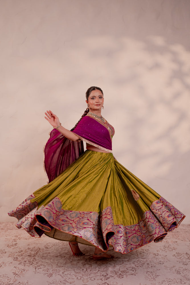 Uma Mehendi Green Khinkhwab Contrast Lehenga Set