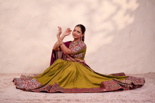 Uma Mehendi Green Khinkhwab Contrast Lehenga Set