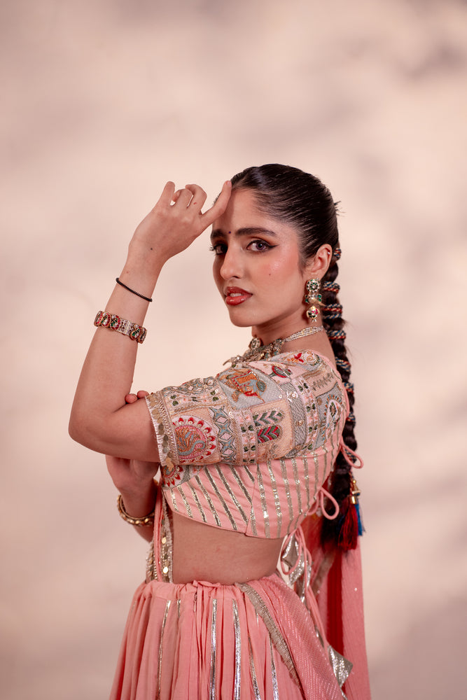 Navya Peach Pink Contrast Border Lehenga Set