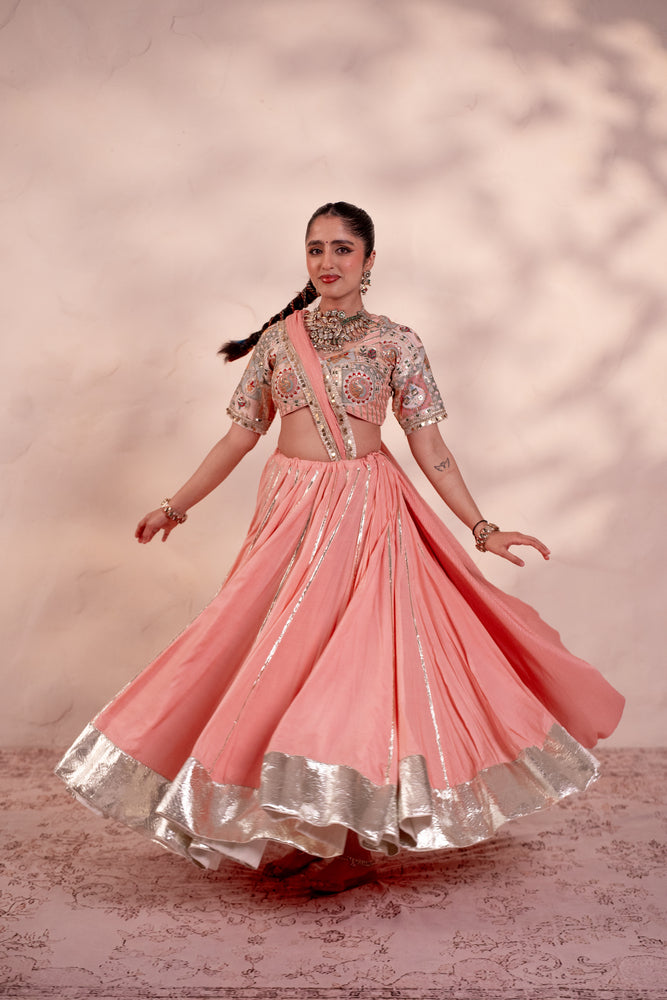 Navya Peach Pink Contrast Border Lehenga Set