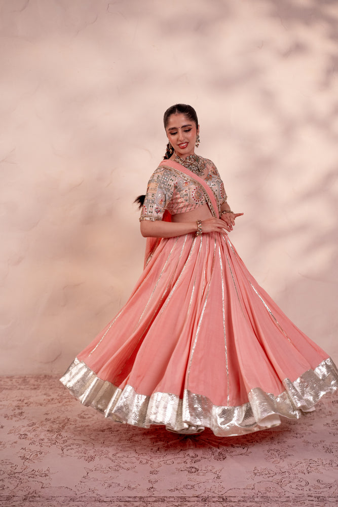 Navya Peach Pink Contrast Border Lehenga Set