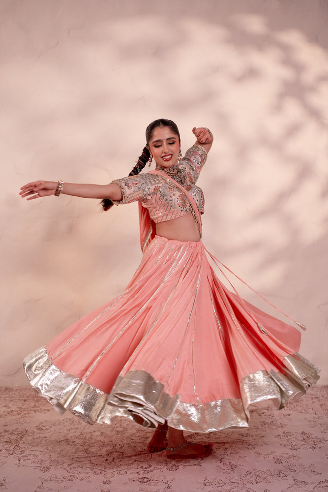 Navya Peach Pink Contrast Border Lehenga Set