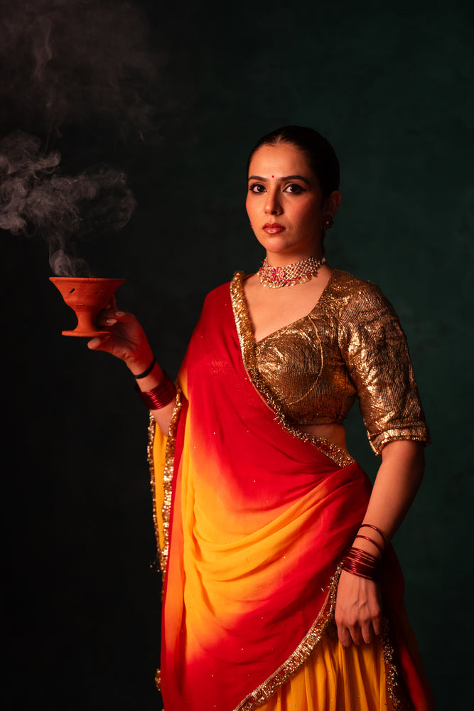 Lakshmi Sunset Yellow & Red Gradient Lehenga Set