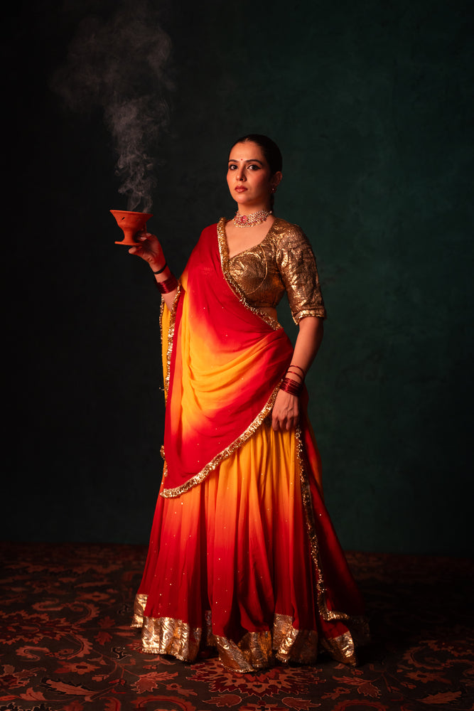 Lakshmi Sunset Yellow & Red Gradient Lehenga Set
