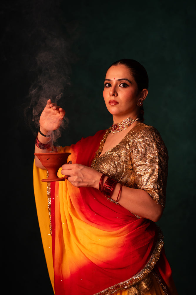 Lakshmi Sunset Yellow & Red Gradient Lehenga Set