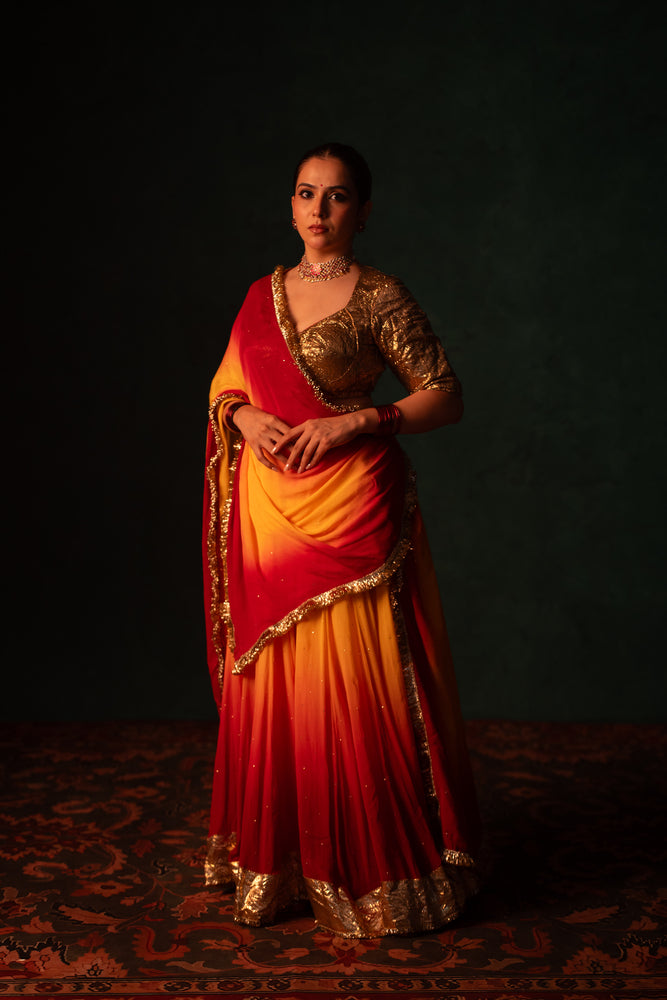 Lakshmi Sunset Yellow & Red Gradient Lehenga Set