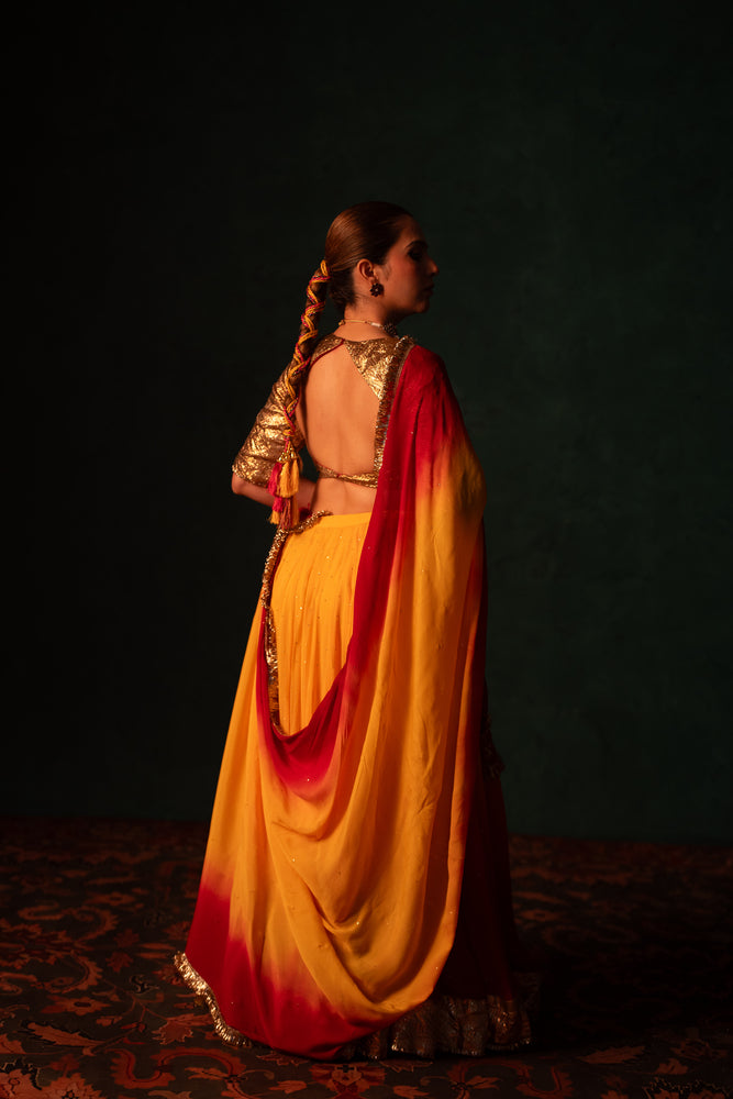 Lakshmi Sunset Yellow & Red Gradient Lehenga Set