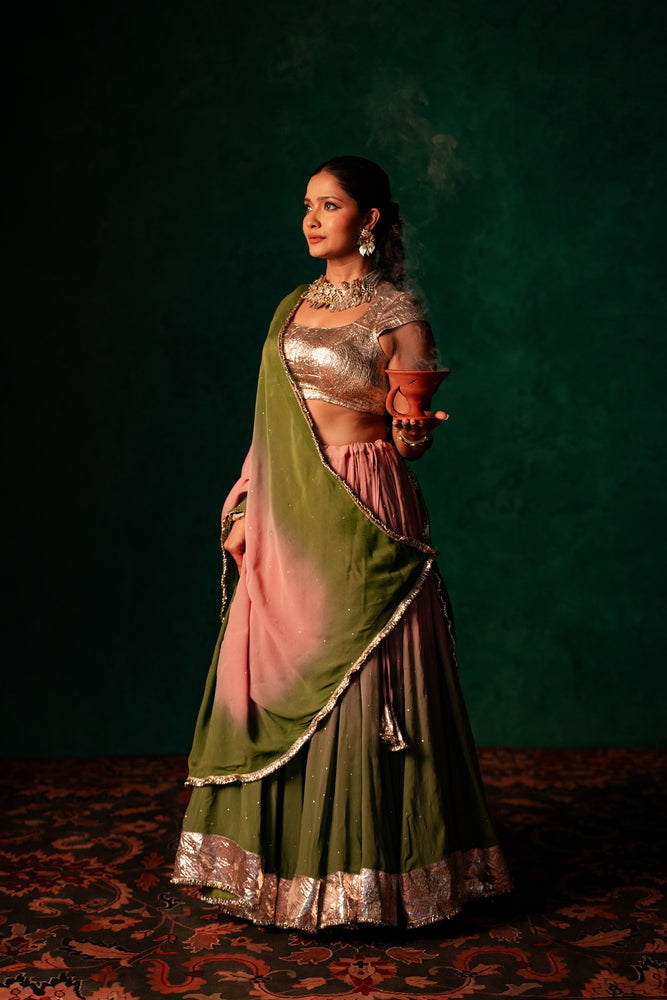 Mahika Mehendi Green & Mauve Gradient Lehenga Set