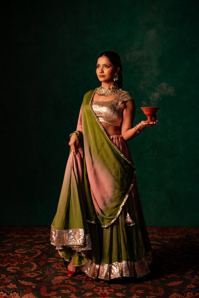 Mahika Mehendi Green & Mauve Gradient Lehenga Set