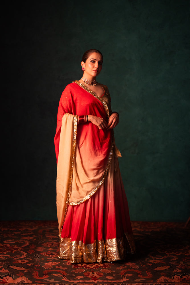 Akira Peach & Carrot Pink Gradient Lehenga Set