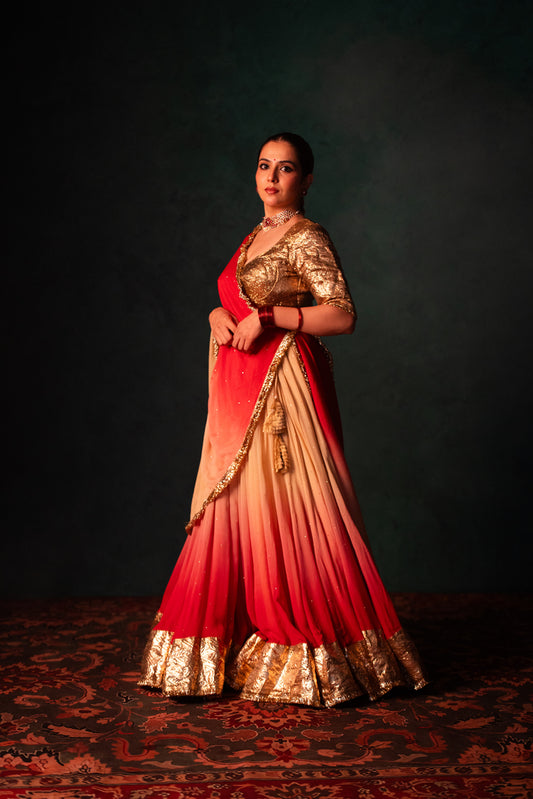 Akira Peach & Carrot Pink Gradient Lehenga Set