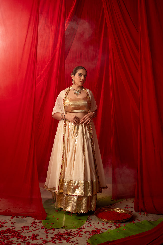 Esha Ivory White Real Lampa Gold Double layer Lehenga Set