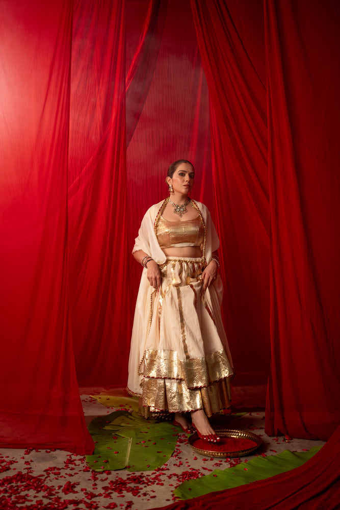 Esha Ivory White Real Lampa Gold Double layer Lehenga Set