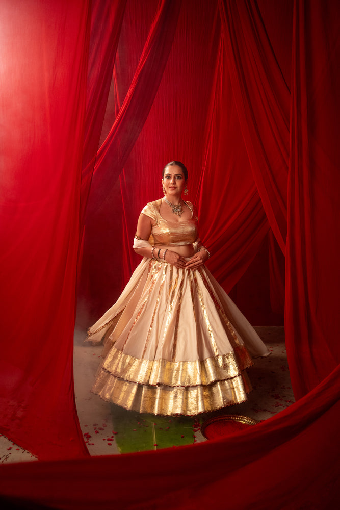 Esha Ivory White Real Lampa Gold Double layer Lehenga Set