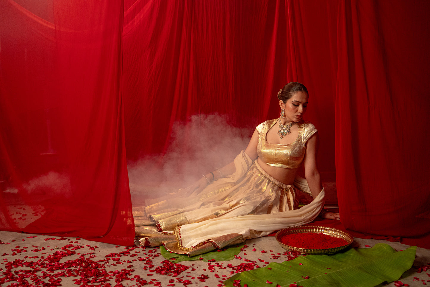 Esha Ivory White Real Lampa Gold Double layer Lehenga Set