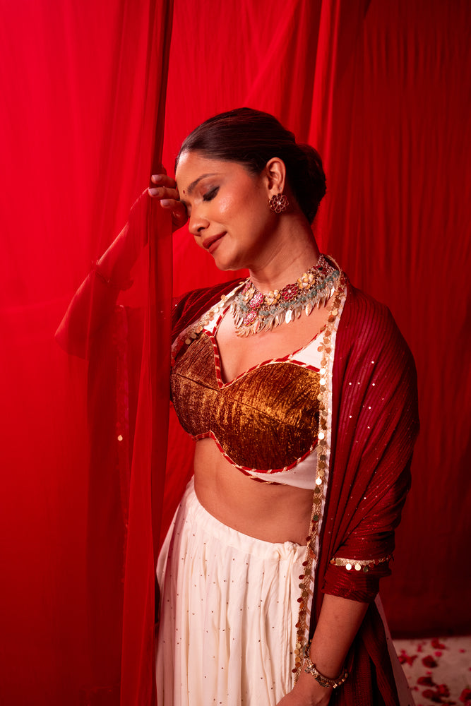 Devi Ivory & Deep Red Copper Tissue Contrast Lehenga Set