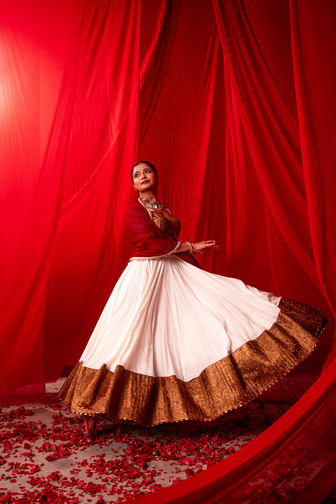 Devi Ivory & Deep Red Copper Tissue Contrast Lehenga Set