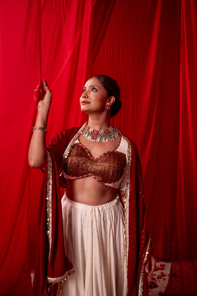 Devi Ivory & Deep Red Copper Tissue Contrast Lehenga Set