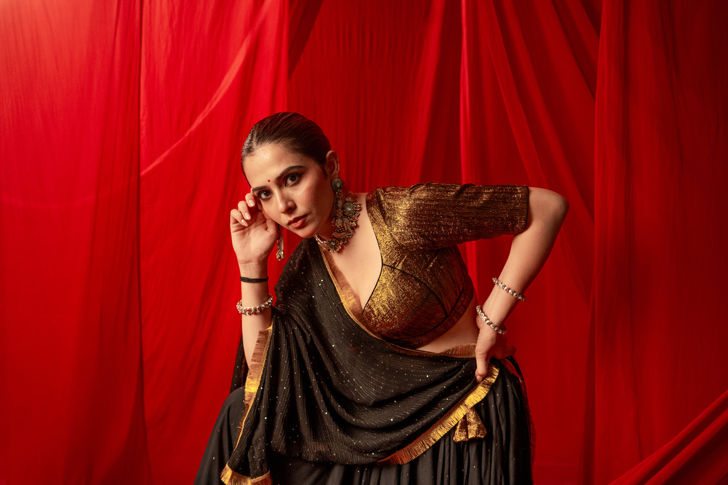 Kali Black Copper Tissue Contrast Lehenga Set